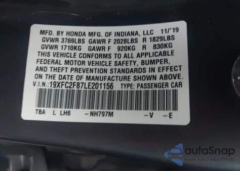 2020 Honda Civic Sport from USA, damaged, VIN 19XFC2F87LE201156